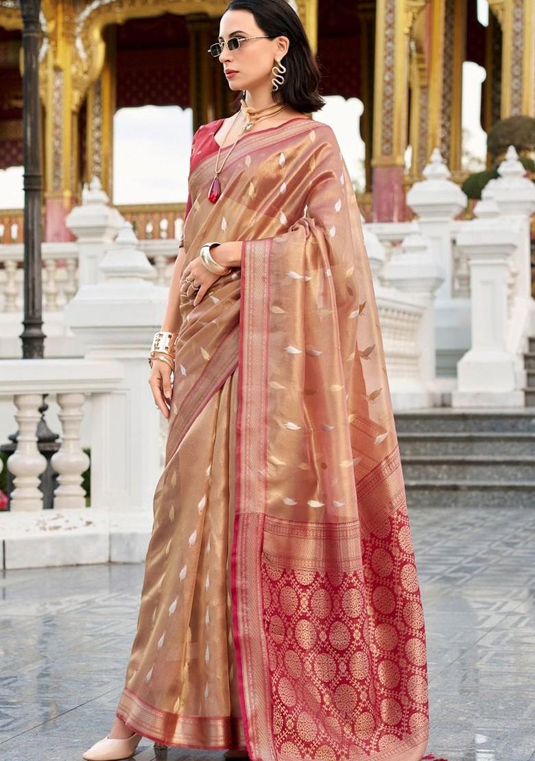 Red Woven Design Poly Blend Saree Set With Blouse