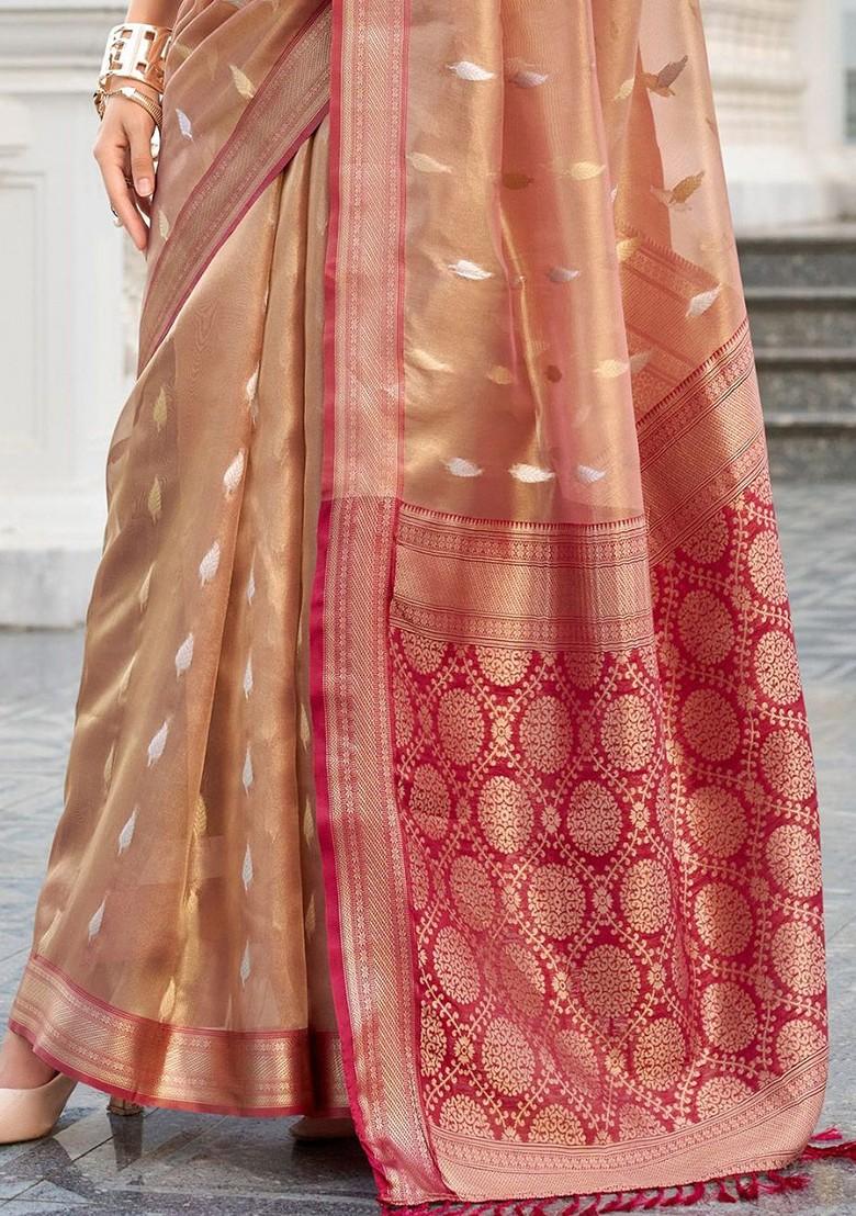 Red Woven Design Poly Blend Saree Set With Blouse