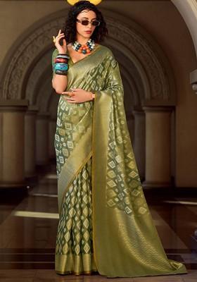 Green Woven Design Poly Blend Saree Set With Blouse