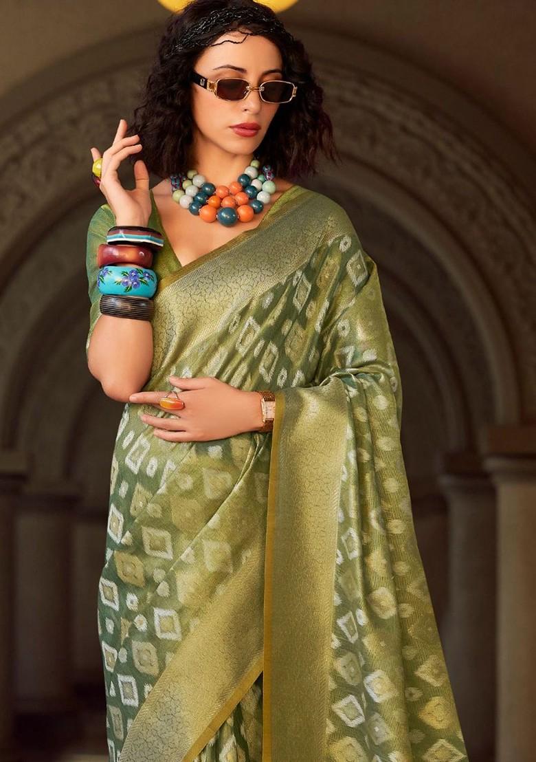 Green Woven Design Poly Blend Saree Set With Blouse