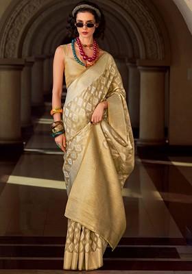 Beige Woven Design Poly Blend Saree Set With Blouse
