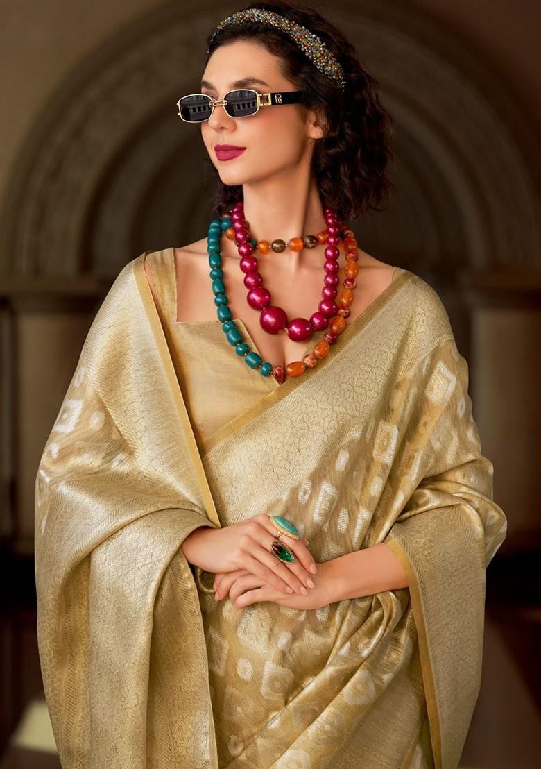 Beige Woven Design Poly Blend Saree Set With Blouse