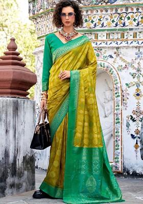 Olive Green Embroidered Poly Blend Saree Set With Blouse