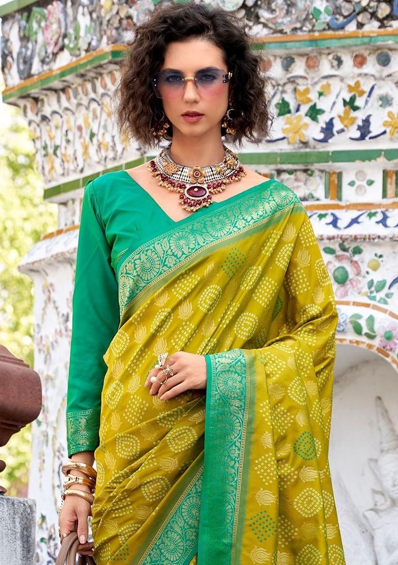 Olive Green Embroidered Poly Blend Saree Set With Blouse