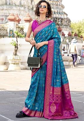 Blue Woven Design Poly Blend Saree Set With Blouse