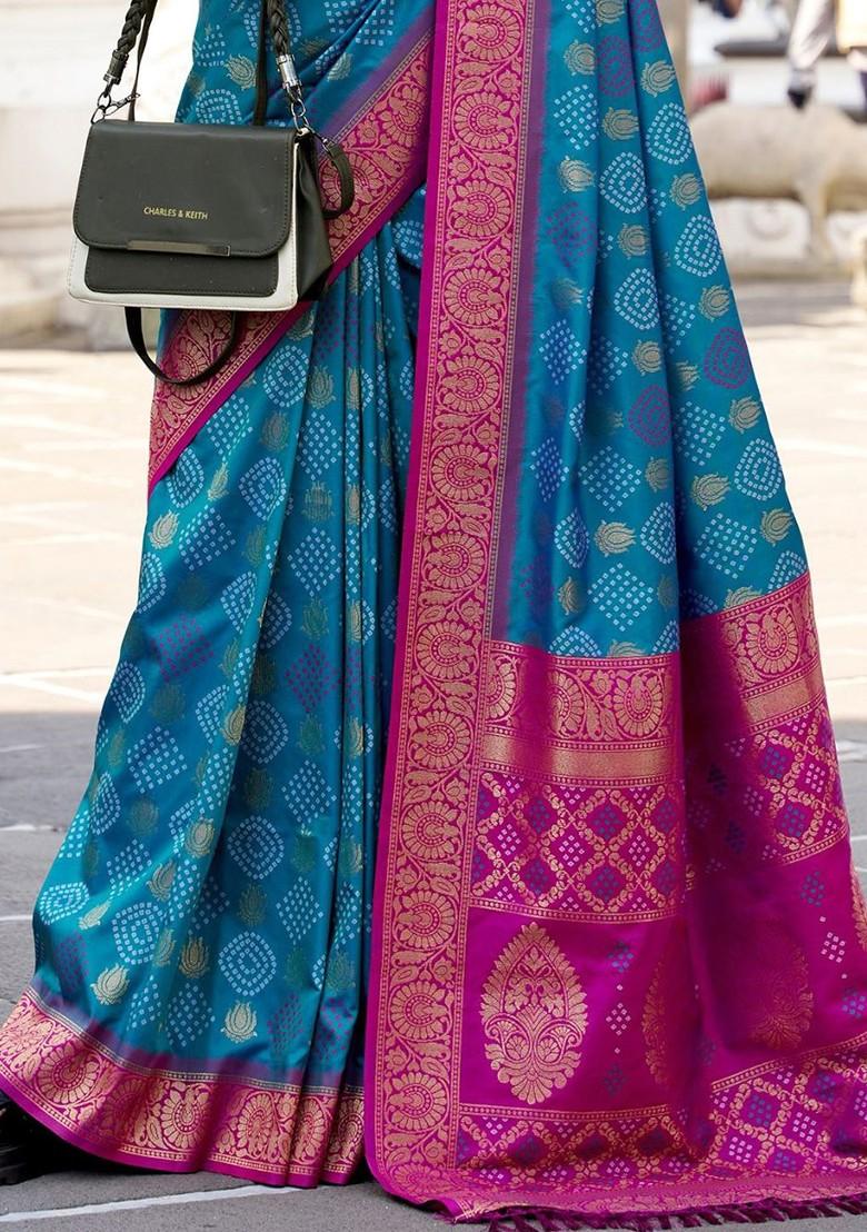 Blue Woven Design Poly Blend Saree Set With Blouse