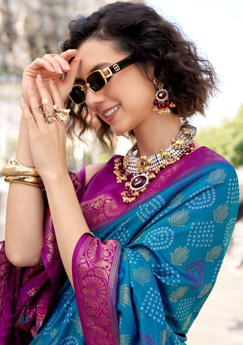 Blue Woven Design Poly Blend Saree Set With Blouse