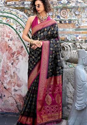 Black Woven Design Poly Blend Saree Set With Blouse