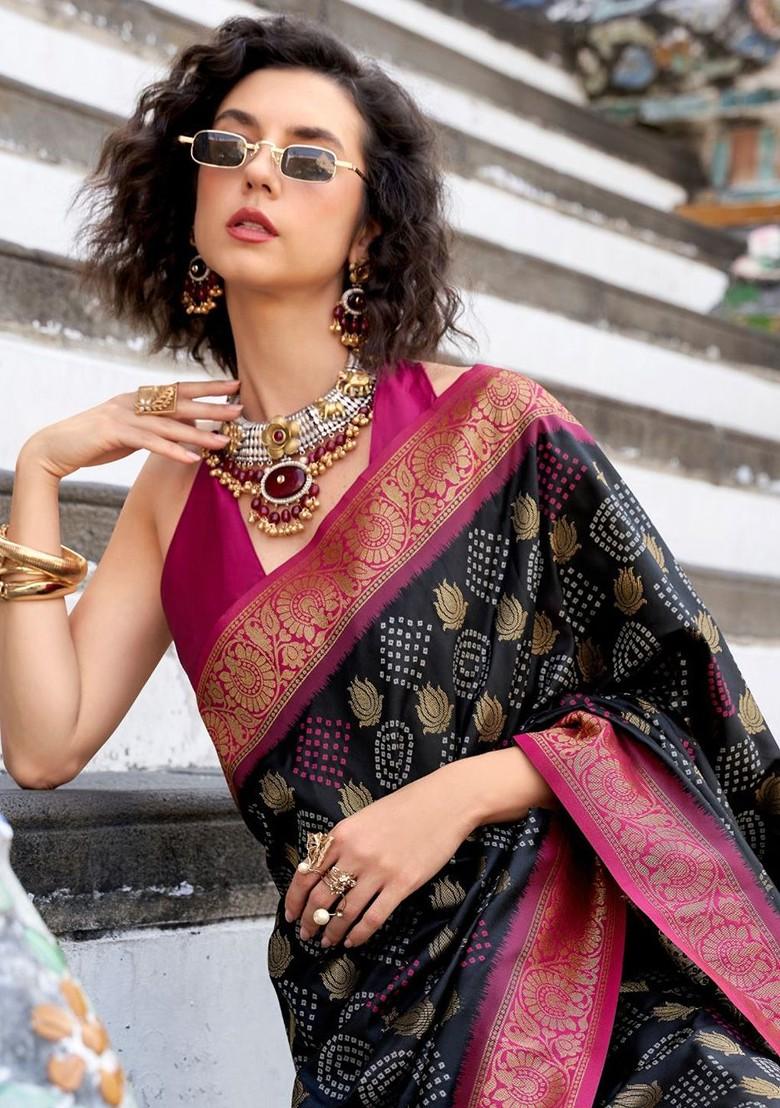 Black Woven Design Poly Blend Saree Set With Blouse