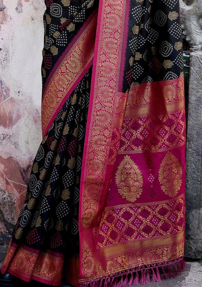 Black Woven Design Poly Blend Saree Set With Blouse