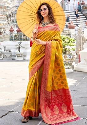 Yellow Embroidered Poly Blend Saree Set With Blouse