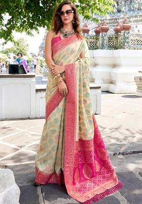 Cream Embroidered Poly Blend Saree Set With Blouse