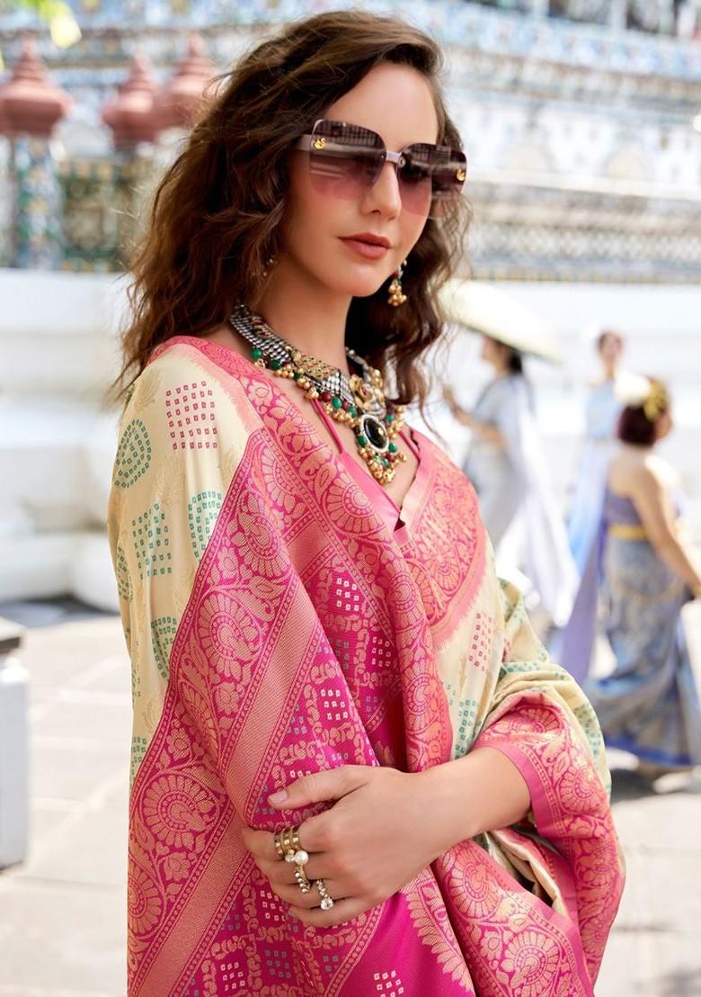 Cream Embroidered Poly Blend Saree Set With Blouse