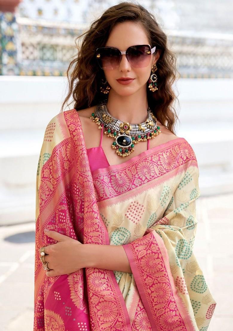 Cream Embroidered Poly Blend Saree Set With Blouse