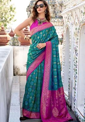 Teal Green Woven Design Poly Blend Saree Set With Blouse