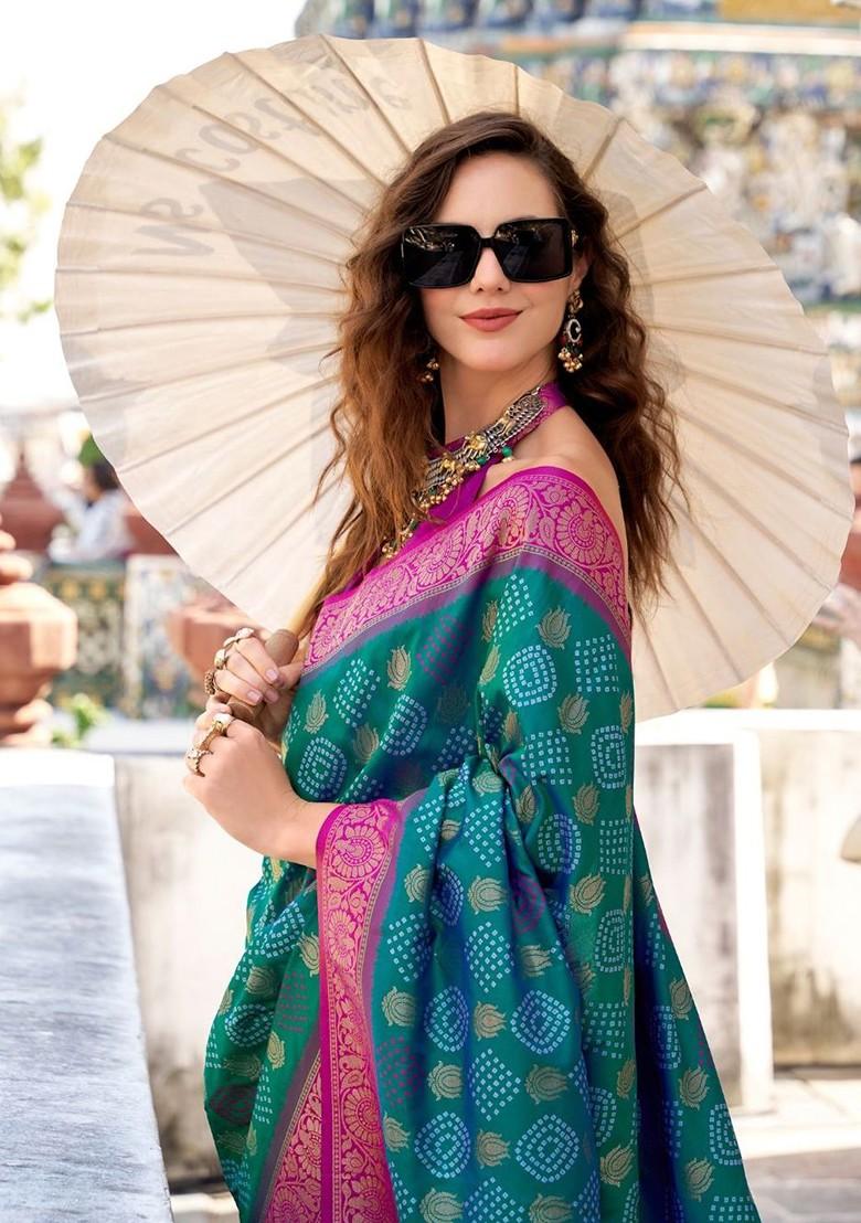 Teal Green Woven Design Poly Blend Saree Set With Blouse