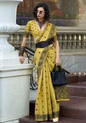 Yellow Embroidered Poly Blend Saree Set With Blouse
