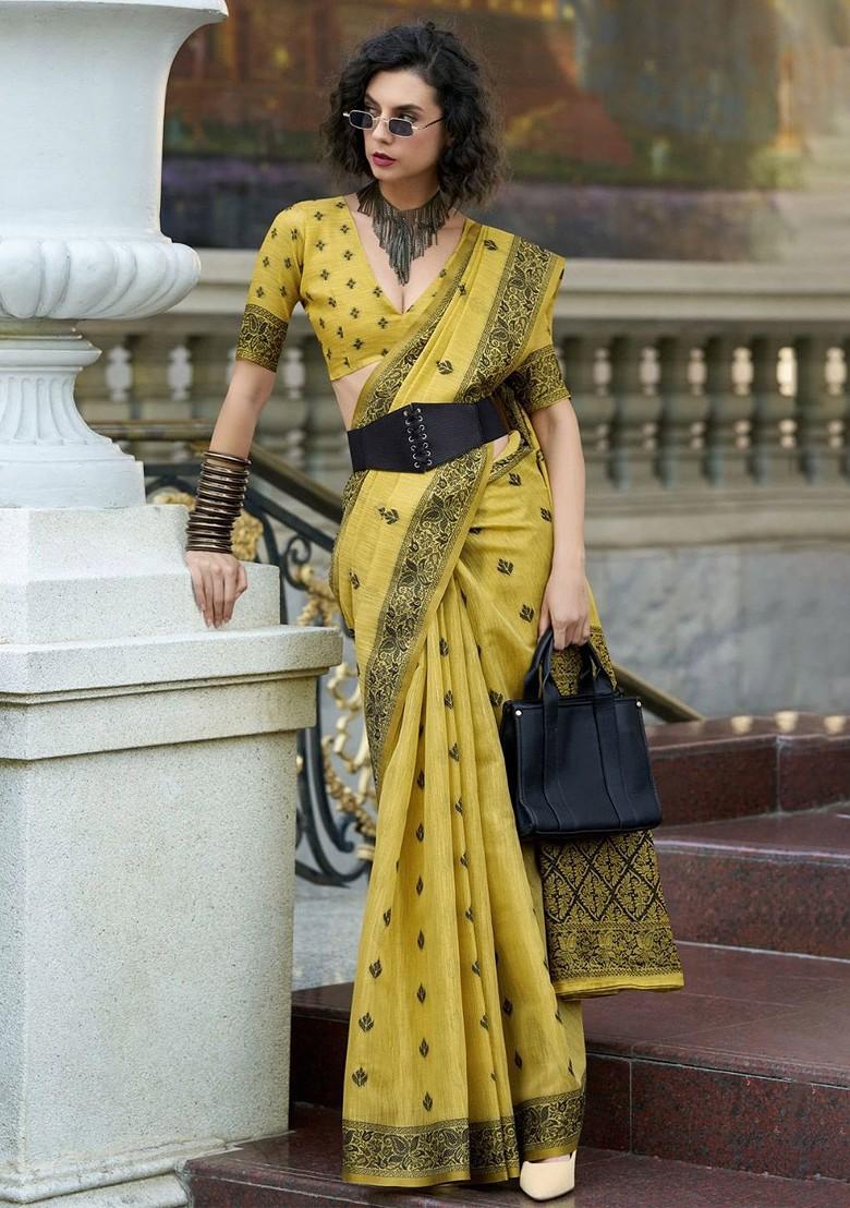 Yellow Embroidered Poly Blend Saree Set With Blouse