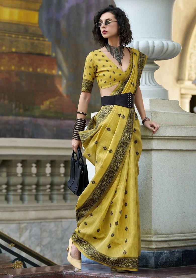 Yellow Embroidered Poly Blend Saree Set With Blouse