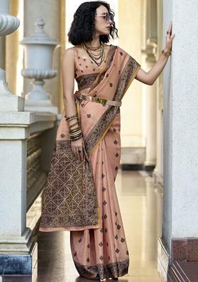 Peach Woven Design Poly Blend Saree Set With Blouse