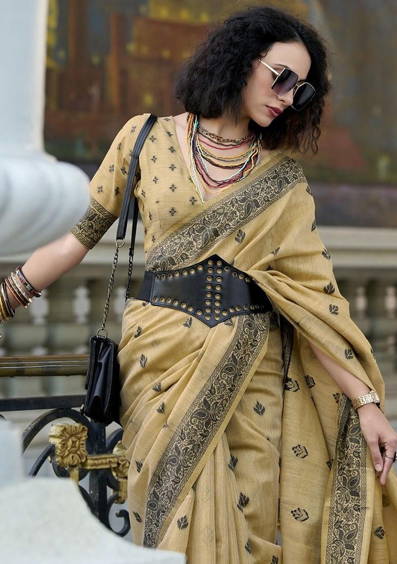 Beige Embroidered Poly Blend Saree Set With Blouse