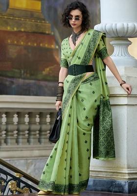 Green Woven Design Poly Blend Saree Set With Blouse