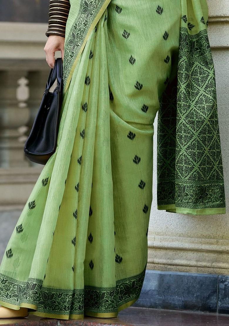 Green Woven Design Poly Blend Saree Set With Blouse