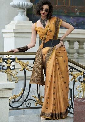 Orange Embroidered Poly Blend Saree Set With Blouse