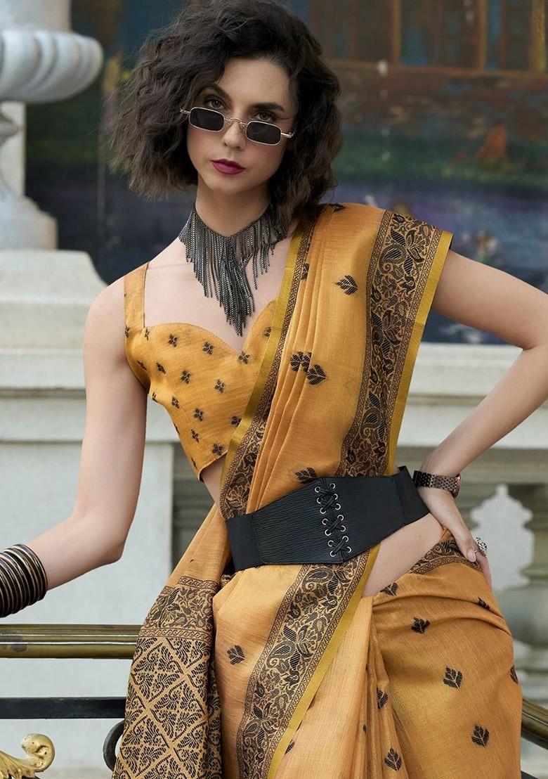 Orange Embroidered Poly Blend Saree Set With Blouse