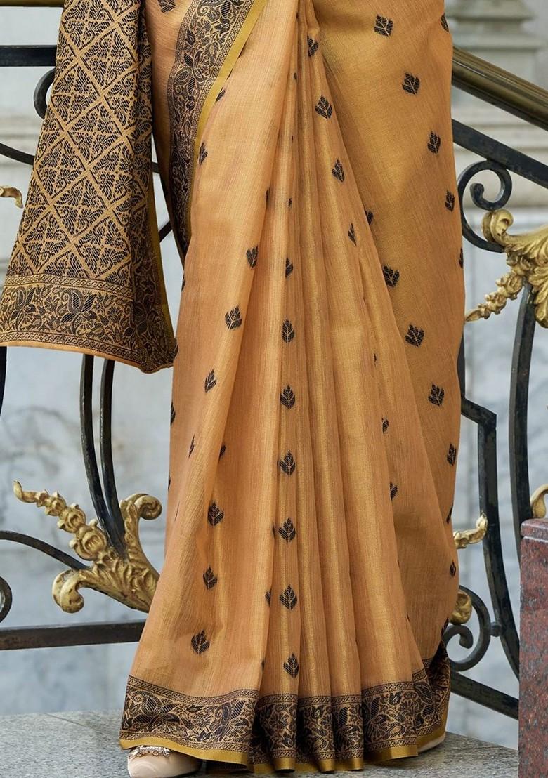 Orange Embroidered Poly Blend Saree Set With Blouse