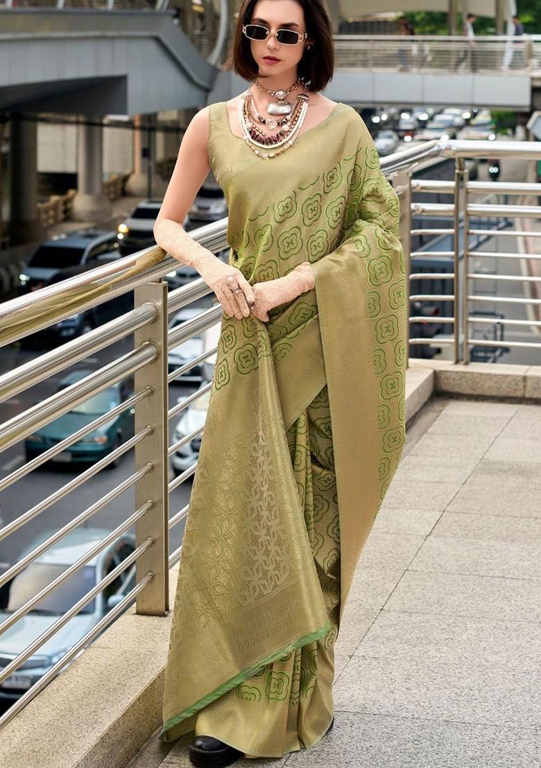 Olive Green Embroidered Poly Blend Saree Set With Blouse