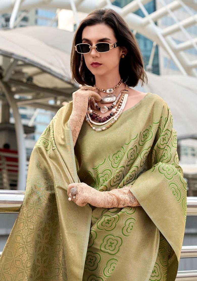 Olive Green Embroidered Poly Blend Saree Set With Blouse