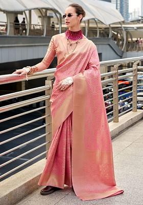 Peach Embroidered Poly Blend Saree Set With Blouse