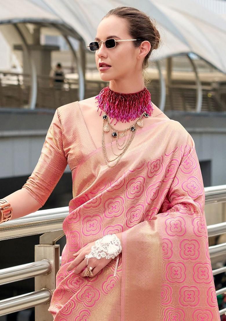 Peach Embroidered Poly Blend Saree Set With Blouse