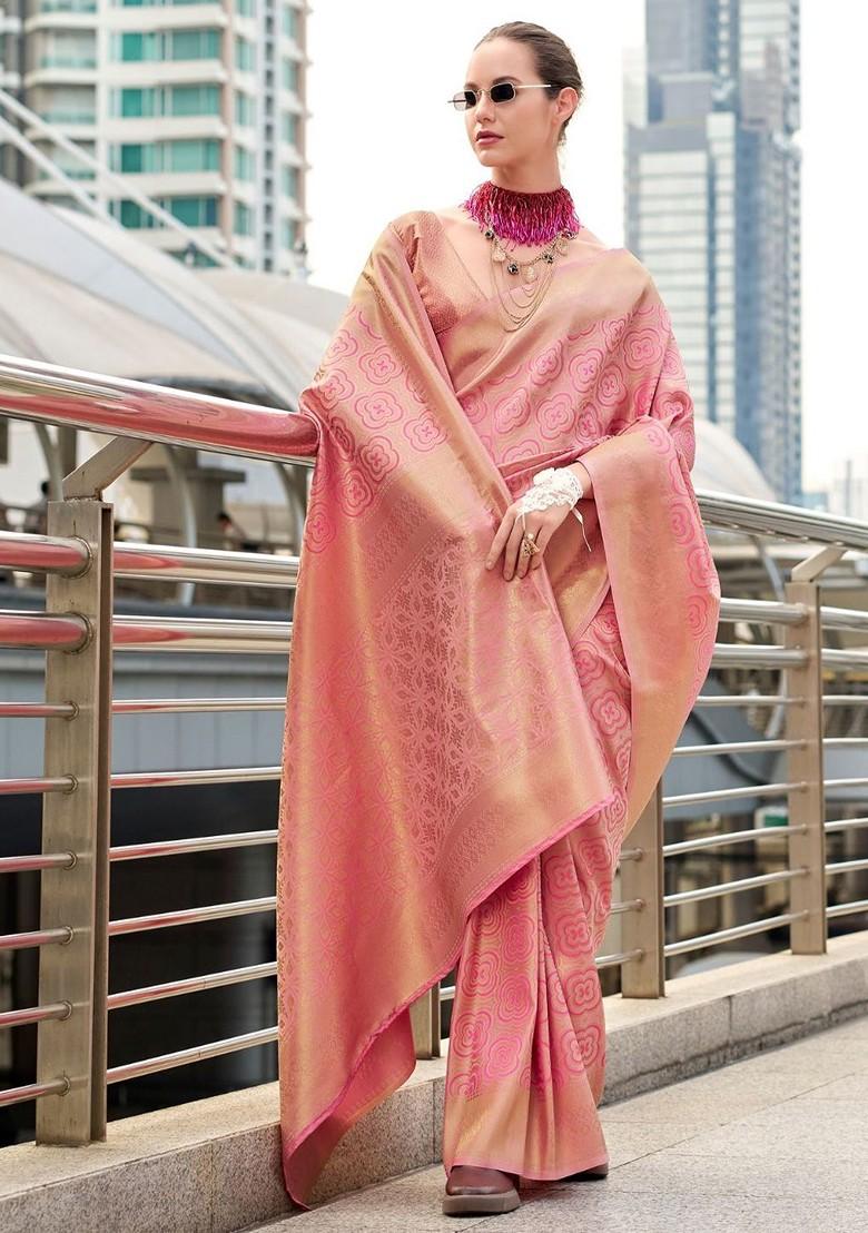 Peach Embroidered Poly Blend Saree Set With Blouse