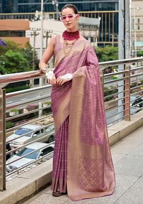 Purple Woven Design Poly Blend Saree Set With Blouse