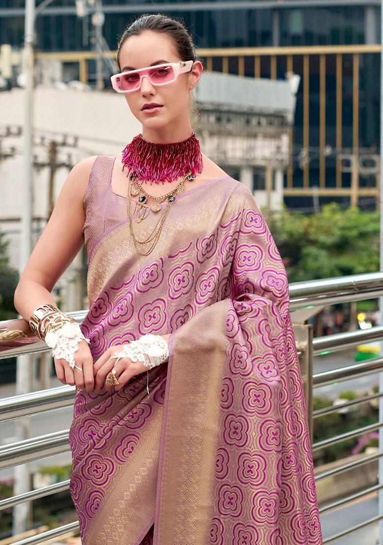 Purple Woven Design Poly Blend Saree Set With Blouse
