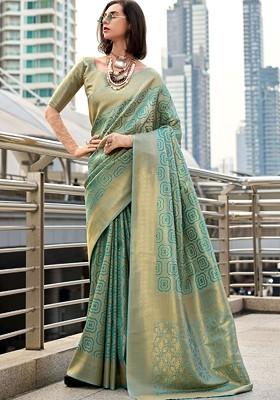 Green Woven Design Poly Blend Saree Set With Blouse