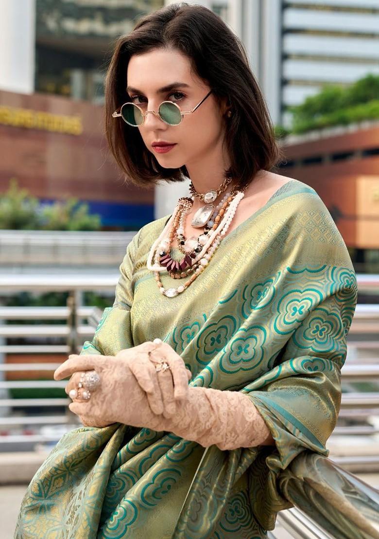 Green Woven Design Poly Blend Saree Set With Blouse