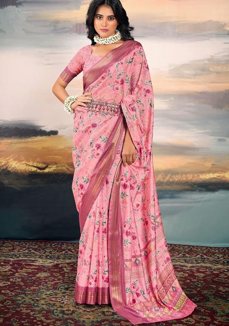 Pink Printed Poly Blend Saree Set With Blouse