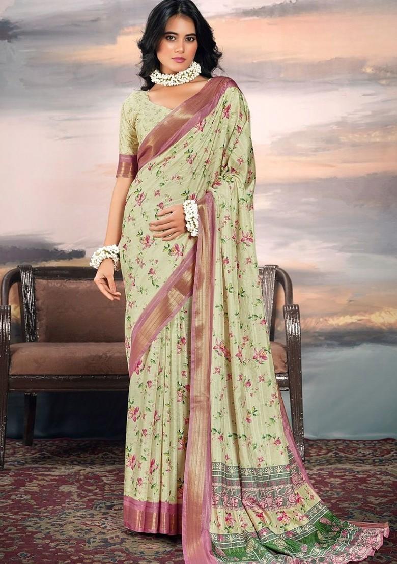 Lime Green Embroidered Poly Blend Saree Set With Blouse