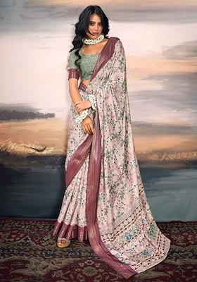 Beige Embroidered Poly Blend Saree Set With Blouse
