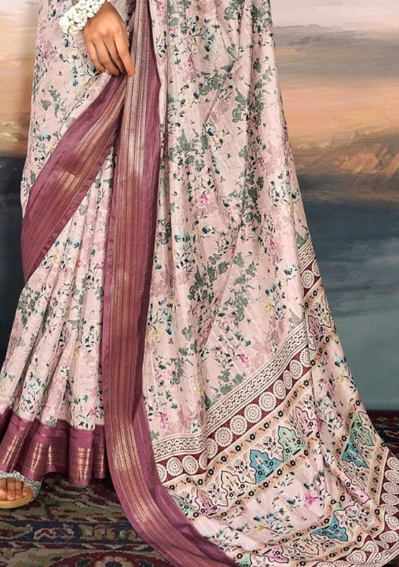 Beige Embroidered Poly Blend Saree Set With Blouse