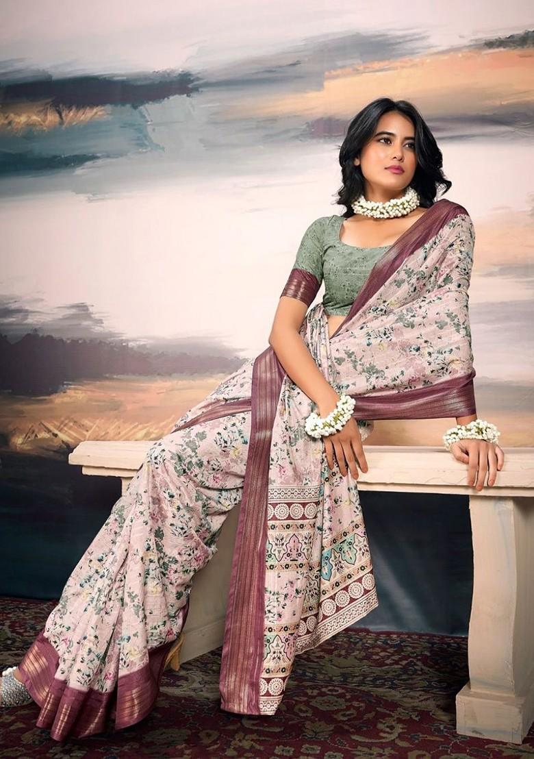 Beige Embroidered Poly Blend Saree Set With Blouse