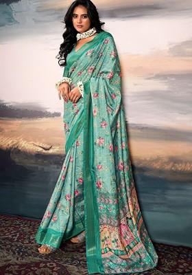 Teal Green Embroidered Poly Blend Saree Set With Blouse