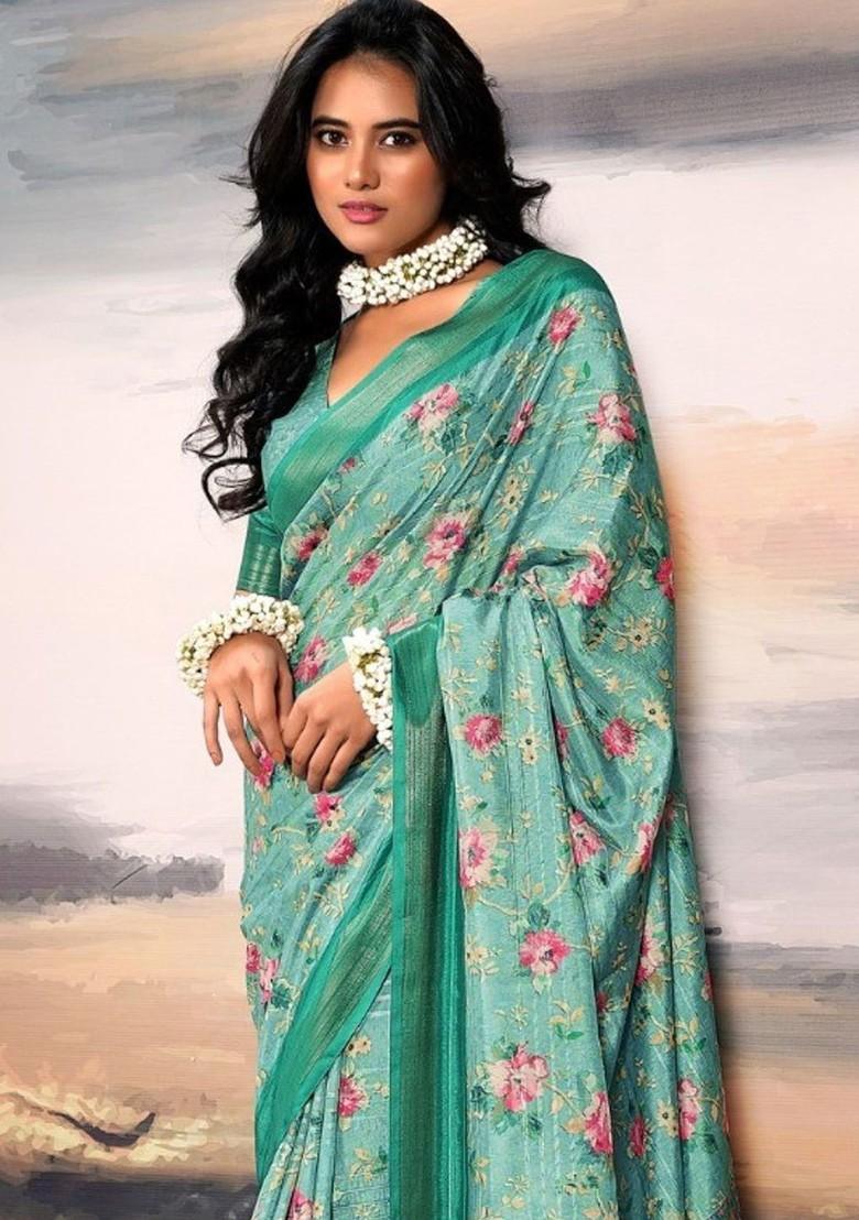 Teal Green Embroidered Poly Blend Saree Set With Blouse