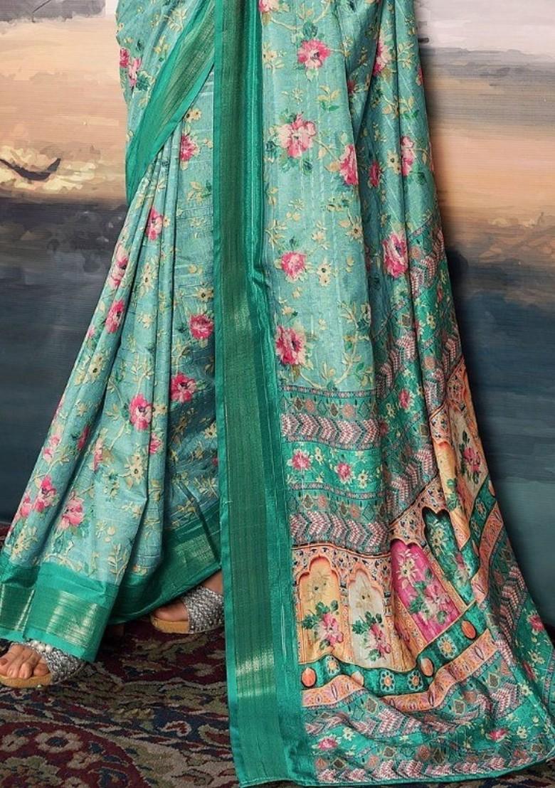 Teal Green Embroidered Poly Blend Saree Set With Blouse