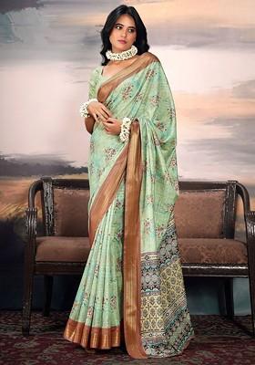 Sea Green Embroidered Poly Blend Saree Set With Blouse