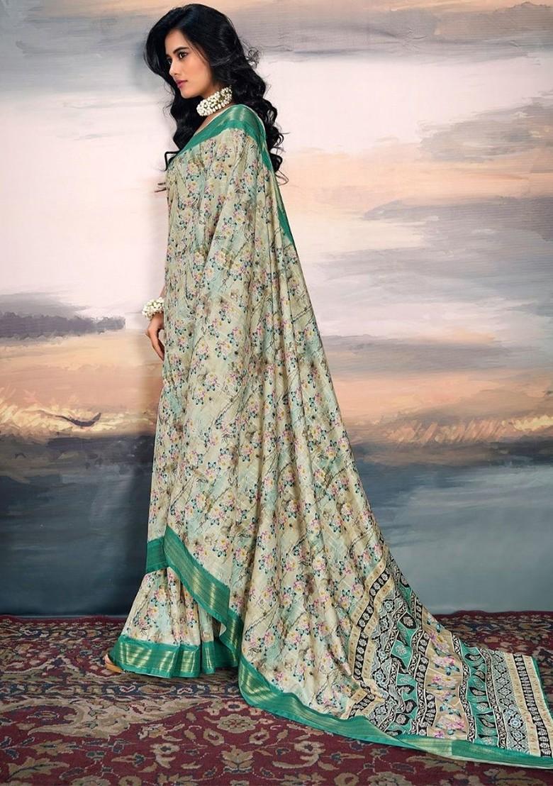 Teal Green Embroidered Poly Blend Saree Set With Blouse