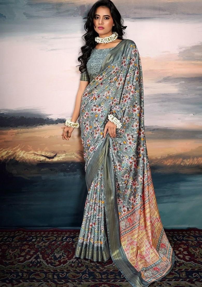 Grey Printed Poly Blend Saree Set With Blouse